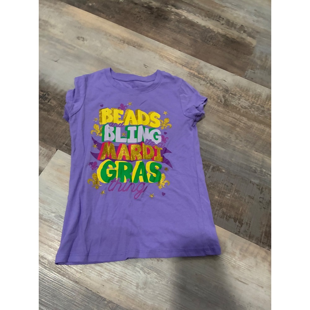 Kids Mardi Gras T Shirt Purple Beads Bling Graphic Tee Size M 7 8